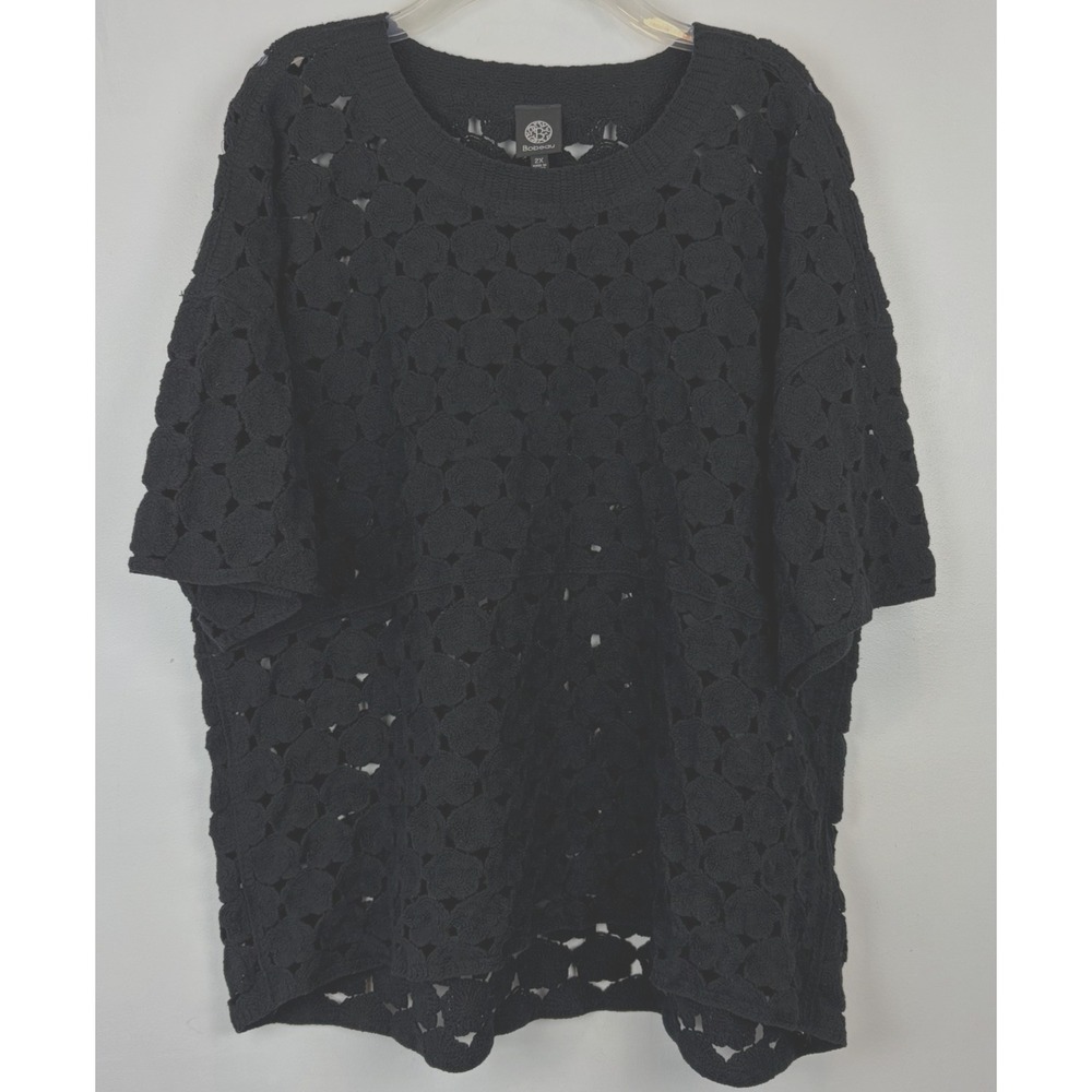 Open Knit Short Sleeve Sweater Womens 2X Black Plus Boho Hippie Tunic